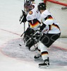 German goalie Thomas Greiss defending his goal during ice hockey match between Slovenia and Germany on Ice Hockey World Championship Division I, Group A. Germany won with 2-0, and Germany also won tournament and is automaticaly qualified for Elite Division. 
