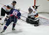 Goalie of German team Thomas Greiss defending his goal during ice hockey match between Slovenia and Germany on Ice Hockey World Championship Division I, Group A. Germany won with 2-0, and Germany also won tournament and is automaticaly qualified for Elite Division. 
