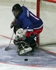 Goalie of Slovene team Gasper Krosel defending his goal during ice hockey match between Slovenia and Germany on Ice Hockey World Championship Division I, Group A. Germany won with 2-0, and Germany also won tournament and is automaticaly qualified for Elite Division. 

