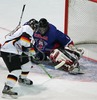 Goalie of Slovene team Gasper Krosel defending his goal during ice hockey match between Slovenia and Germany on Ice Hockey World Championship Division I, Group A. Germany won with 2-0, and Germany also won tournament and is automaticaly qualified for Elite Division. 
