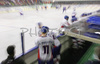Players of Great Britain watching game from bench during match of IIHF Division 1 World championships between Slovenia and Great Britain. Match was won by Slovenia who defeated Great Britain with 4:0. Match was played in Tivoli Arena in Ljubljana, Slovenia on 18th of April 2007.
