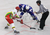 Jurij Golicic (no.17) of Slovenia (R) and Dalius Vaiciukevicius (no.28) of Lithuania fighting for puck during match of IIHF Division 1 World championships between Slovenia and Lithuania. Match was won by Slovenia who defeated Lithuania with 4:2. Match was played in Tivoli Arena in Ljubljana, Slovenia on 21. of April 2007.
