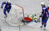 Tomaz Razingar (no.9) of Slovenia (L) scoring after pass from Anze Kopitar (no.11) of Slovenia (R) during match of IIHF Division 1 World championships between Slovenia and Lithuania. Match was won by Slovenia who defeated Lithuania with 4:2. Match was played in Tivoli Arena in Ljubljana, Slovenia on 21. of April 2007.
