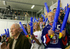 Slovene supporters during match of IIHF Division 1 World championships between Slovenia and Lithuania. Match was won by Slovenia who defeated Lithuania with 4:2. Match was played in Tivoli Arena in Ljubljana, Slovenia on 21. of April 2007.
