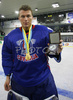 Goalie Andrej Hocevar (no.1) of Slovenia with his trophy for Best goalie of tournament after match of IIHF Division 1 World championships between Slovenia and Lithuania. Match was won by Slovenia who defeated Lithuania with 4:2. Match was played in Tivoli Arena in Ljubljana, Slovenia on 21. of April 2007.
