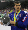 Captain of Slovene team Marcel Rodman with trophy for winning team after end of match of IIHF Division 1 World championships between Slovenia and Lithuania. Match was won by Slovenia who defeated Lithuania with 4:2. Match was played in Tivoli Arena in Ljubljana, Slovenia on 21. of April 2007.

