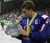 Captain of Slovene team Marcel Rodman with trophy for winning team after end of match of IIHF Division 1 World championships between Slovenia and Lithuania. Match was won by Slovenia who defeated Lithuania with 4:2. Match was played in Tivoli Arena in Ljubljana, Slovenia on 21. of April 2007.

