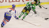 Dejan Kontrec (no.14) of ZM Olimpija (R) and Michael Stewart (no.4) of EC VSV (L) during match of 26th round of EBEL League between ZM Olimpija, Ljubljana, Slovenia and EC VSV, Villach, Austria. Match was won by EC VSV who defeated ZM Olimpija with 1:3. Match was played in Tivoli Arena in Ljubljana, Slovenia on 30th of November 2007.
