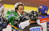Brendan Yarema (no.10) of ZM Olimpija (L) and Thomas Raffl (no.5) of EC VSV (R) starting fight during match of 26th round of EBEL League between ZM Olimpija, Ljubljana, Slovenia and EC VSV, Villach, Austria. Match was won by EC VSV who defeated ZM Olimpija with 1:3. Match was played in Tivoli Arena in Ljubljana, Slovenia on 30th of November 2007.
