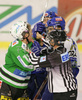 Egon Muric (no.15) of ZM Olimpija (L) and Martin Oraze (no.18) of EC VSV (R) fighting during match of 26th round of EBEL League between ZM Olimpija, Ljubljana, Slovenia and EC VSV, Villach, Austria. Match was won by EC VSV who defeated ZM Olimpija with 1:3. Match was played in Tivoli Arena in Ljubljana, Slovenia on 30th of November 2007.
