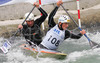 Aljaz Kulovec (front) and Simon Hocevar (back) of Slovenia (KK Simon) paddling during first run of second International kayak and canoe slalom race Tacen 2006 in Tacen, Slovenia. Races of International kayak and canoe slalom Tacen 2006 also counted as third and fourth qualification race for Slovene whitewater kayak and canoe World cup team.
