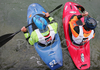 Finalists Matej Grm of Slovenia (no. 20), Janez Cizman of Slovenia (no. 7), Andrej Bjuklic of Slovenia (no. 16) and Igor Mlekuz of Slovenia (no. 17) are getting ready for final run of first International kayak rodeo race Slofreestyle 2006 which was held in Tacen, Slovenia on 3. June 2006.
