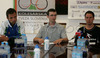 Trainer  Luka Zele (L), chairman of MTB Section at Slovene Cycling Federation (KZS) Bostjan Svete (M) and team selector Primoz Strancar (R) at press conference of Slovenian MTB cycling team before MTB World championships in Rotorua, New Zealand. MTB World championships will be held in Rotorua, New Zealand between 22th and 27th of August 2006.
