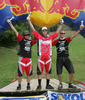 Second placed Andraz Jersin of MTB Trbovlje Cult (L), winner Luka Novak of Suunto Scott Slovenija (M) and third placed Matej Drnovsek of MTB Trbovlje Cult (R) celebrating their trophies after Specialized Downhill Crni Vrh 2006 which was held at Crni vrh nad Idrijo, Slovenia on 20th of August 2006. Race also counted as Slovenian cup in MTB Downhill cycling for season 2006.
