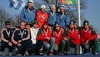 Winning relay team of Norway (M) with members Glenn Elvestad, Eirik Kurland Olsen, Eirik Saeves and Petter Northug, second placed team of Russia (L) with members Nikolay Morilov, Yuriy Vinogradov, Andrey Parfenov and Illia Chernousov and third placed relay team of Czech (R) with members Ales Razym, Jan Krska, Ondrej Horyna and Martin Jaks are celebrating their medals won in 4x5km Junior Men relay race of FIS Nordic Junior Ski World Championships which was held in Medvode, Slovenia on 5.February 2006.
