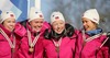 Winning relay team of Norway with members Marit Liland Fredriksen, Ingunn Weltzien, Marie Elden and Betty-Ann Bjerkreim Nilsen are celebrating their gold medals won in 4x3.3km Junior Women relay race of FIS Nordic Junior Ski World Championships which was held in Medvode, Slovenia on 5.February 2006.
