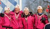 Winning relay team of Norway with members Marit Liland Fredriksen, Ingunn Weltzien, Marie Elden and Betty-Ann Bjerkreim Nilsen are celebrating their gold medals won in 4x3.3km Junior Women relay race of FIS Nordic Junior Ski World Championships which was held in Medvode, Slovenia on 5.February 2006.

