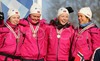 Winning relay team of Norway with members Marit Liland Fredriksen, Ingunn Weltzien, Marie Elden and Betty-Ann Bjerkreim Nilsen are celebrating their gold medals won in 4x3.3km Junior Women relay race of FIS Nordic Junior Ski World Championships which was held in Medvode, Slovenia on 5.February 2006.
