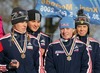 Third placed relay team of Russia with members Nina Ryusina, Larissa Shaidurova, Tatiana Morogova and Svetlana Ovhinnikova are celebrating their bronze medals won in 4x3.3km Junior Women relay race of FIS Nordic Junior Ski World Championships which was held in Medvode, Slovenia on 5.February 2006.
