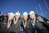 Second placed relay team of Sweden with members Emma Bergman, Anna Simberg, Anna Hansson and Charlotte Kalla are celebrating their silver medals won in 4x3.3km Junior Women relay race of FIS Nordic Junior Ski World Championships which was held in Medvode, Slovenia on 5.February 2006.
