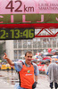 Winner Oleksandr Sitkovskiy of Ukrain celebrating his victory in finish of 12th Ljubljana Marathon. 12th Ljubljana Marathon was held in Ljubljana, Slovenia, on 28th of October 2007. Marathon was held in difficult cold and rainy weather, so already hard track was even harder for more then 8000 runners who were competing in this years marathon and half marathon.
