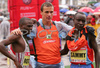 Winner Oleksandr Sitkovskiy of Ukrain (M), second placed Sammy Rotich (R) and his teammate third placed Solomon Rotich of Kenia (L) celebrating in finish of 12th Ljubljana Marathon. 12th Ljubljana Marathon was held in Ljubljana, Slovenia, on 28th of October 2007. Marathon was held in difficult cold and rainy weather, so already hard track was even harder for more then 8000 runners who were competing in this years marathon and half marathon.
