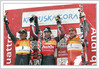 Second placed Hermann Maier of Austria (L), winner Benjamin Raich of Austria (M) and third placed Kalle Palander of Finland (R) celebrating their medals on giant slalom race of Audi Alpine Skiing World Cup in Kranjska Gora. Race was won by Benjamin Raich of Austria, who finished before his teammate Hermann Maier of Austria and third placed Kalle Palander of Finland.
