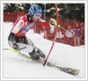 Third placed Benjamin Raich of Austria skiing during second run of slalom race of Audi FIS Alpine skiing world cup in Kranjska Gora, Slovenia. Race was won by Giogio Rocca of Italy, Andre Myhrer of Sweden placed second and Benjamin Raich of Austria finished third. <br> 
