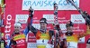 Second placed Massimilian Blardone of Italy (L), winner Benjamin Raich of Austria (M) and third placed Thomas Grandi of Canada (R) celebrating their medals after Audi FIS World Cup Giant Slalom race in Kranjska Gora, Slovenoa.
