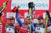 Second placed Thomas Grandi of Canada (L), winner Giorgio Rocca of Italy (M),  and third placed second Ted Ligety of USA celebrating their medals after Audi FIS World Cup slalom race which was held in Kranjska Gora, Slovenia.

