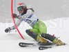 Monja Urbic of Slovenia skiing during first run of Women FIS World Cup Slalom race in Maribor, Slovenia. Race was won by Marlies Schild of Austria, Janica Kostelic of Croatia placed second, and Therese Borssen of Sweden finished third.
