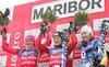 Second placed Janica Kostelic of Croatia (L), winer Marlies Schild of Austria (M) and third placed Therese Borssen of Sweden are celebrating their medals after Women FIS World Cup Slalom race in Maribor, Slovenia.
