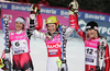 Winner Marlies Schild of Austria (M), second placed Ana Jelusic of Croatia (L) and third placed Sarka Zahrobska of Czech (R) celebrating their medals won in Women Alpine skiing slalom FIS World Cup in Zagreb, Croatia. Snow queen trophy in Zagreb, Croatia was held in Sljeme, Croatia on 4th of January 2007.

