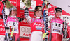 Winner Marlies Schild of Austria (M), second placed Ana Jelusic of Croatia (L) and third placed Sarka Zahrobska of Czech (R) celebrating their medals won in Women Alpine skiing slalom FIS World Cup in Zagreb, Croatia. Snow queen trophy in Zagreb, Croatia was held in Sljeme, Croatia on 4th of January 2007.
