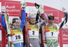 Winner Nicole Hosp of Austria (M), second placed Nicole Gius of Italy (L) and third placed Tanja Poutiainen of Finland (R) celebrating their medals won in Women Alpine skiing giant slalom FIS World Cup in Kranjska Gora, Slovenia. Golden Fox trophy was held in on 6th of January 2007 in in Kranjska Gora, Slovenia, as replacement for Maribor, Slovenia, where organizers couldnt prepare track due high temperatures.
