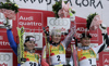 Winner Nicole Hosp of Austria (M), second placed Nicole Gius of Italy (L) and third placed Tanja Poutiainen of Finland (R) celebrating their medals won in Women Alpine skiing giant slalom FIS World Cup in Kranjska Gora, Slovenia. Golden Fox trophy was held in on 6th of January 2007 in in Kranjska Gora, Slovenia, as replacement for Maribor, Slovenia, where organizers couldnt prepare track due high temperatures.
