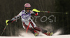 Sandrine Aubert of France skiing in first run of Women Alpine skiing slalom FIS World Cup in Kranjska Gora, Slovenia. Golden Fox trophy was held in on 7th of January 2007 in in Kranjska Gora, Slovenia, as replacement for Maribor, Slovenia, where organizers couldnt prepare track due high temperatures.
