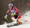 Tina Maze of Slovenia skiing in second run of Women Alpine skiing slalom FIS World Cup in Kranjska Gora, Slovenia. Golden Fox trophy was held in on 7th of January 2007 in in Kranjska Gora, Slovenia, as replacement for Maribor, Slovenia, where organizers couldnt prepare track due high temperatures.
