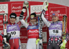 Winner Marlies Schild of Austria (M), second placed Sarka Zahrobska of Czech (L) and third placed Veronika Zuzulova of Slovakia (R) celebrating their medals won in Women Alpine skiing slalom FIS World Cup in Kranjska Gora, Slovenia. Golden Fox trophy was held in on 7th of January 2007 in in Kranjska Gora, Slovenia, as replacement for Maribor, Slovenia, where organizers couldnt prepare track due high temperatures.
