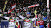 Winner Benjamin Raich of Austria (M), second placed Jens Byggmark of Sweden (L) and third placed Mario Matt of Austria (R) celebrating their medals won in Men slalom FIS Alpine skiing World Cup race in Schladming, Austria. Men slalom FIS Alpine skiing World Cup race was held in Schladming, Austria on 30th of January 2007.
