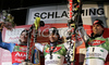 Winner Benjamin Raich of Austria (M), second placed Jens Byggmark of Sweden (L) and third placed Mario Matt of Austria (R) celebrating their medals won in Men slalom FIS Alpine skiing World Cup race in Schladming, Austria. Men slalom FIS Alpine skiing World Cup race was held in Schladming, Austria on 30th of January 2007.
