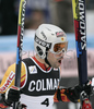 Francois Bourque of Canada celebrating his third place after finishing second run of Men Alpine skiing giant slalom FIS World Cup in Kranjska Gora, Slovenia. Men giant slalom FIS Alpine skiing World Cup was held on 3rd of March 2007 in Kranjska Gora, Slovenia.
