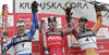 Winner Benjamin Raich of Austria (M), second placed Francois Bourque of Canada (R) and third placed Massimiliano Blardone of Italy (L) celebrating their medals won in Men giant slalom FIS Alpine skiing World Cup race in Kranjska Gora, Slovenia. Men giant slalom FIS Alpine skiing World Cup race was held in Kranjska Gora, Slovenia on 3rd of March 2007.

