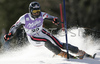 Pierrick Bourgeat of France skiing in first run of Men Alpine skiing slalom FIS World Cup in Kranjska Gora, Slovenia. Men slalom FIS Alpine skiing World Cup was held on 4th of March 2007 in Kranjska Gora, Slovenia.
