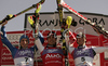 Winner Mario Matt of Austria (M), second placed Benjamin Raich of Austria (R) and third placed Manfred Moelgg of Italy (L) celebrating their medals won in Men slalom FIS Alpine skiing World Cup race in Kranjska Gora, Slovenia. Men slalom FIS Alpine skiing World Cup race was held in Kranjska Gora, Slovenia on 4th of March 2007.
