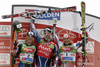 Winner Aksel Lund Svindal of Norway (M), second placed Ted Ligety of USA (L) and third placed Kalle Palander of Finland (R) celebrating their success after first race of season 2007-2008. Men giant slalom race was first race of FIS Alpine skiing World cup and was traditionally held on glacier Soelden, Austria on 28th of October 2007.
