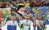 Winner Benjamin Raich of Austria (M), second placed Jens Byggmark of Sweden (L) and third placed Manfred Moelgg of Italy (R) celebrating their success in finish area of second run of men slalom race of Audi FIS Men Alpine skiing World Cup 2008. Slalom race was held in Bad Kleinkirchheim, Austria on 9th of December 2007.
