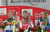 Winner Benjamin Raich of Austria (M), second placed Jens Byggmark of Sweden (L) and third placed Manfred Moelgg of Italy (R) celebrating their medals won in second run of men slalom race of Audi FIS Men Alpine skiing World Cup 2008. Slalom race was held in Bad Kleinkirchheim, Austria on 9th of December 2007.
