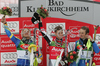 Winner Benjamin Raich of Austria (M), second placed Jens Byggmark of Sweden (L) and third placed Manfred Moelgg of Italy (R) celebrating their medals won in second run of men slalom race of Audi FIS Men Alpine skiing World Cup 2008. Slalom race was held in Bad Kleinkirchheim, Austria on 9th of December 2007.
