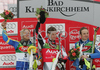 Winner Benjamin Raich of Austria (M), second placed Jens Byggmark of Sweden (L) and third placed Manfred Moelgg of Italy (R) celebrating their medals won in second run of men slalom race of Audi FIS Men Alpine skiing World Cup 2008. Slalom race was held in Bad Kleinkirchheim, Austria on 9th of December 2007.
